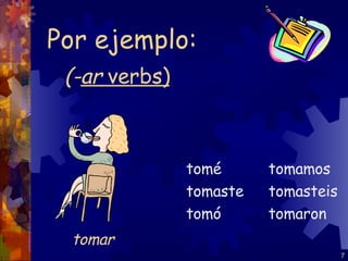 (- ar  verbs) tomé tomaste tomó tomamos tomasteis tomaron Por ejemplo: tomar 