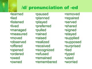/d/ pronunciation of -ed paused planned played preferred pulled  rained raised realized  received recognized refused remained remembered  learned lied listened lived managed measured  moved observed  offered  opened  ordered  owed owned removed  repaired  served  shared signed  stayed supplied supposed  surprised tied typed used worried 