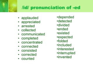 /id/ pronunciation of -ed applauded  appreciated  arrested  collected communicated completed  concentrated  connected  consisted  corrected  counted  depended  detected  divided ended  existed  expected folded  included  interested  interrupted  invented 
