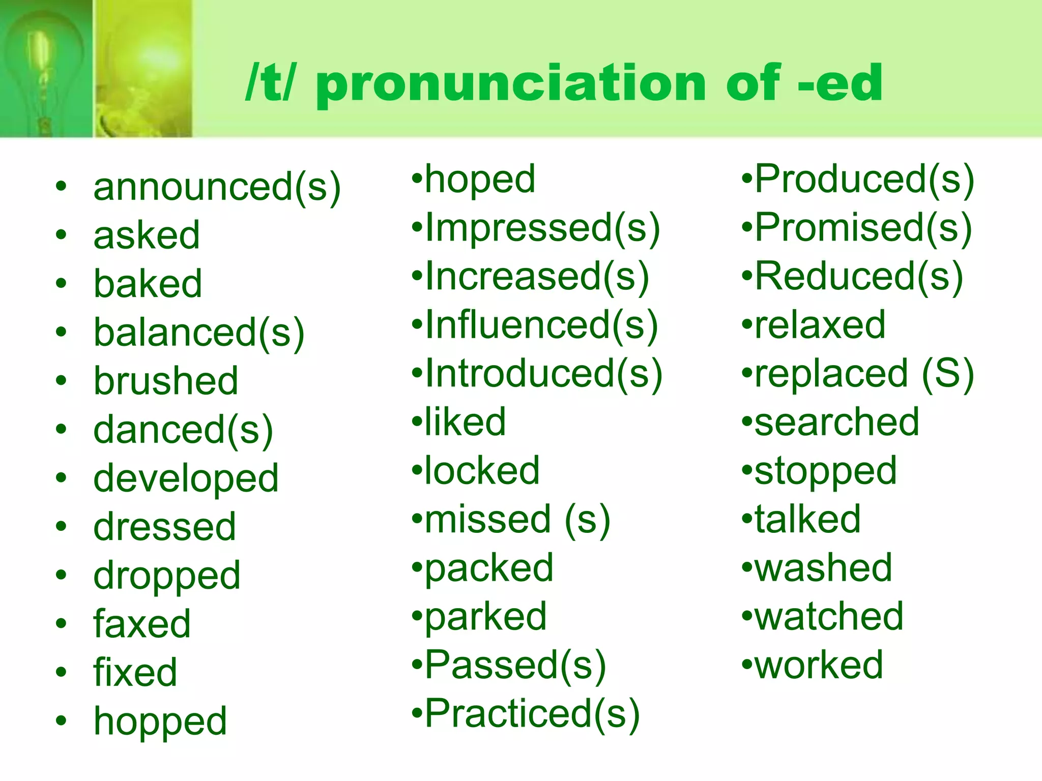 /t/ pronunciation of -ed
•
•
•
•
•
•
•
•
•
•
•
•

announced(s)
asked
baked
balanced(s)
brushed
danced(s)
developed
dressed
dropped
faxed
fixed
hopped

•hoped
•Impressed(s)
•Increased(s)
•Influenced(s)
•Introduced(s)
•liked
•locked
•missed (s)
•packed
•parked
•Passed(s)
•Practiced(s)

•Produced(s)
•Promised(s)
•Reduced(s)
•relaxed
•replaced (S)
•searched
•stopped
•talked
•washed
•watched
•worked

 