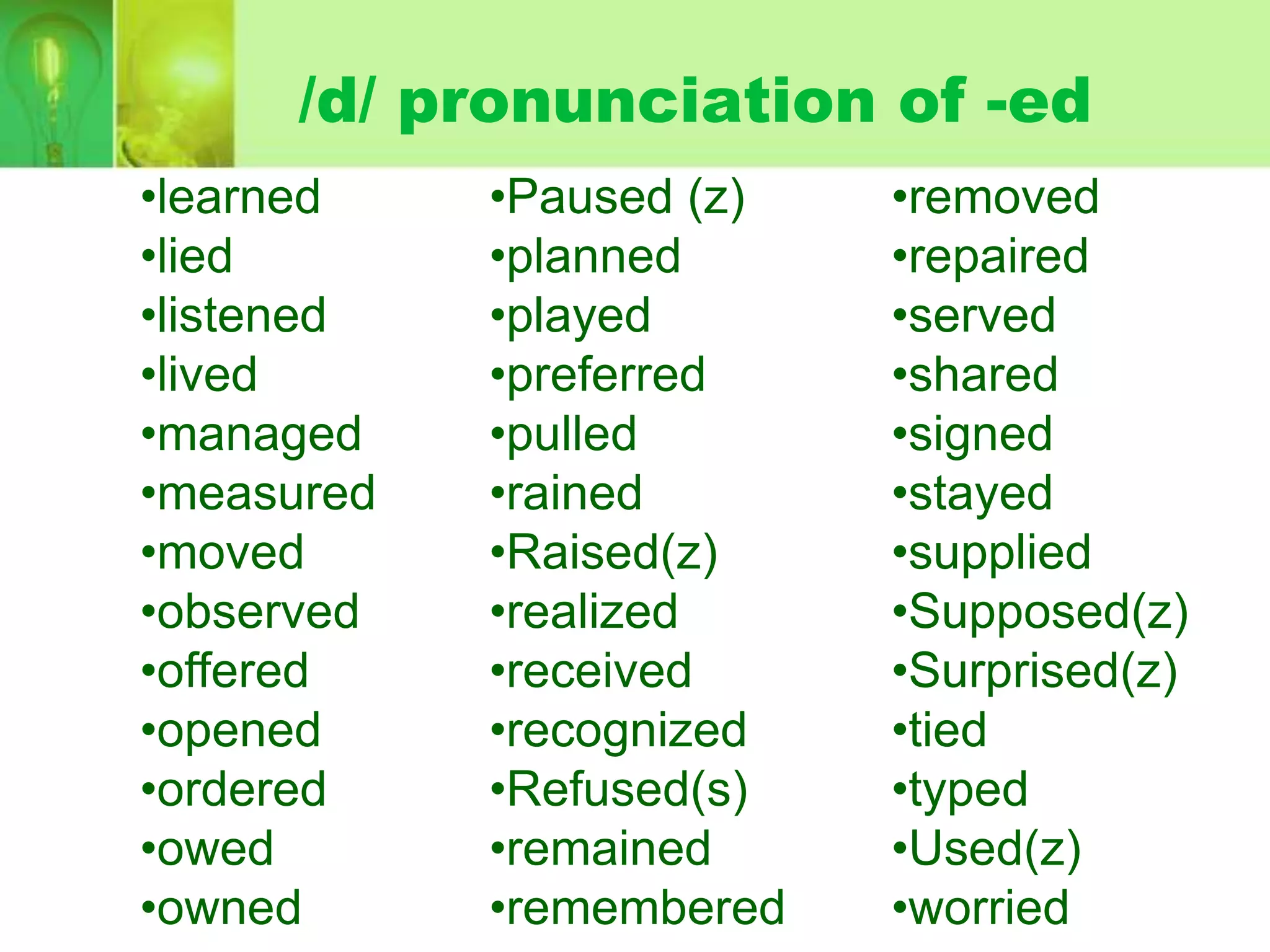 /d/ pronunciation of -ed
•learned
•lied
•listened
•lived
•managed
•measured
•moved
•observed
•offered
•opened
•ordered
•owed
•owned

•Paused (z)
•planned
•played
•preferred
•pulled
•rained
•Raised(z)
•realized
•received
•recognized
•Refused(s)
•remained
•remembered

•removed
•repaired
•served
•shared
•signed
•stayed
•supplied
•Supposed(z)
•Surprised(z)
•tied
•typed
•Used(z)
•worried

 