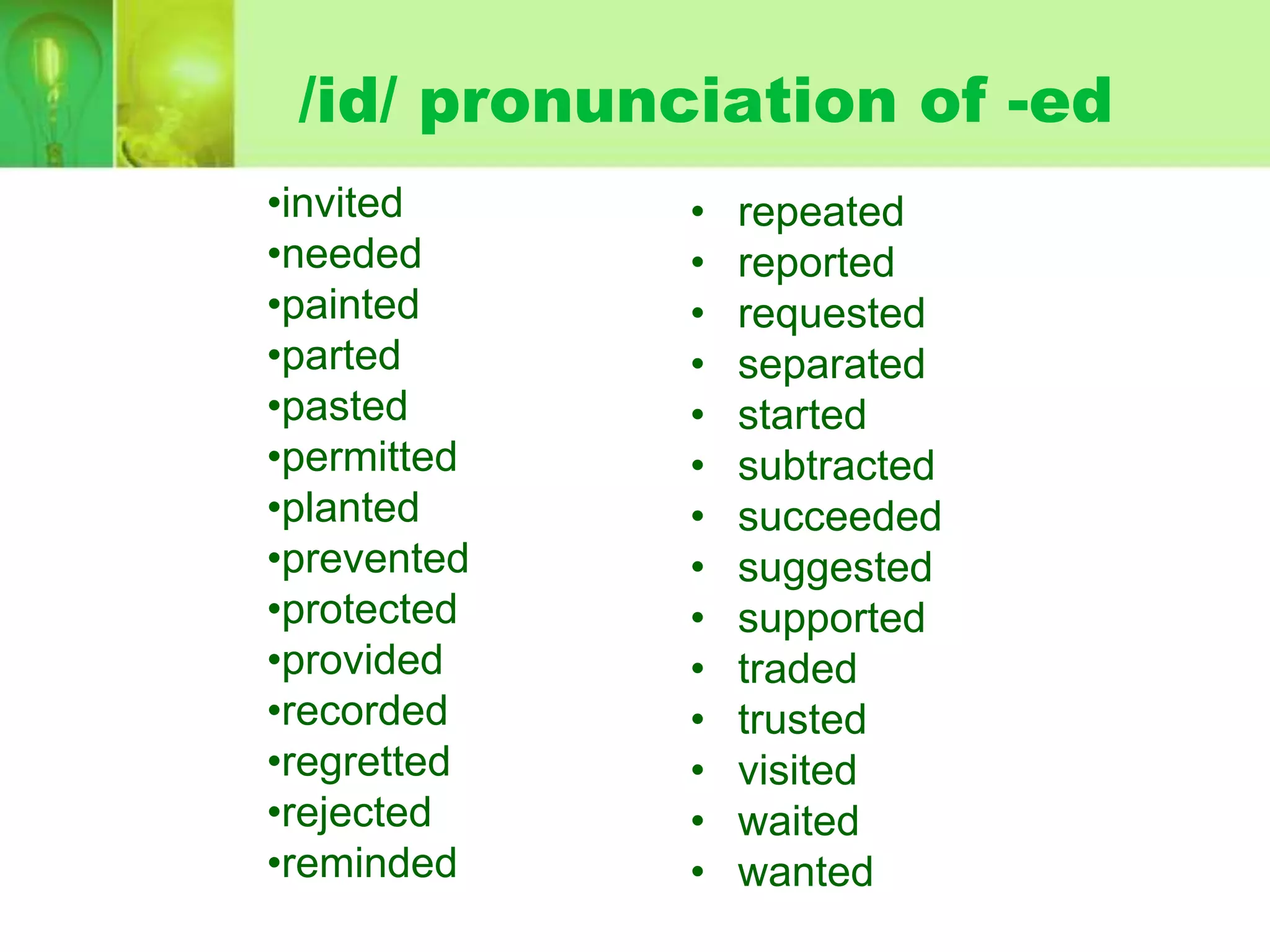 /id/ pronunciation of -ed
•invited
•needed
•painted
•parted
•pasted
•permitted
•planted
•prevented
•protected
•provided
•recorded
•regretted
•rejected
•reminded

•
•
•
•
•
•
•
•
•
•
•
•
•
•

repeated
reported
requested
separated
started
subtracted
succeeded
suggested
supported
traded
trusted
visited
waited
wanted

 