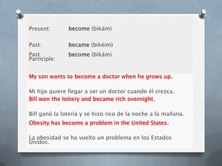 Present: become (bikám)
Past: became (bikéim)
Past
Participle:
become (bikám)
My son wants to become a doctor when he grows up.
Mi hijo quiere llegar a ser un doctor cuando él crezca.
Bill won the lottery and became rich overnight.
Bill ganó la lotería y se hizo rico de la noche a la mañana.
Obesity has become a problem in the United States.
La obesidad se ha vuelto un problema en los Estados
Unidos.
 