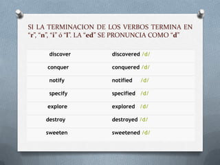 SI LA TERMINACION DE LOS VERBOS TERMINA EN
“r”, “n”, “i” ó “l”. LA “ed” SE PRONUNCIA COMO “d”
discover discovered /d/
conquer conquered /d/
notify notified /d/
specify specified /d/
explore explored /d/
destroy destroyed /d/
sweeten sweetened /d/
 