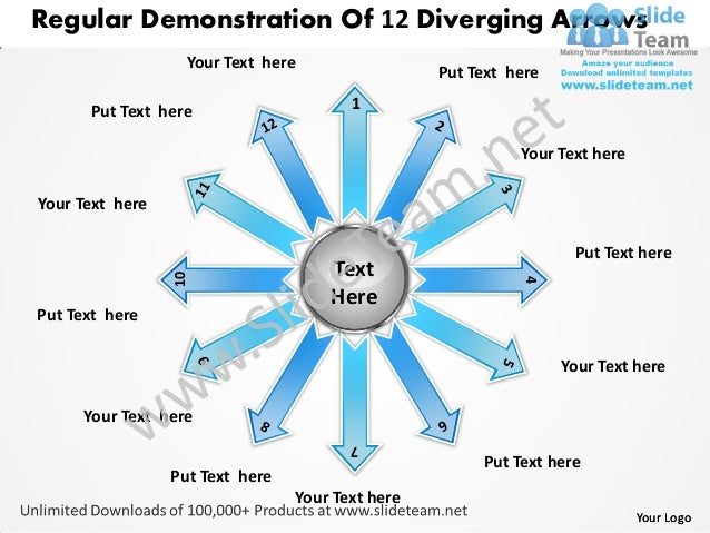 Regular demonstration of 12 diverging arrows radial chart power point…