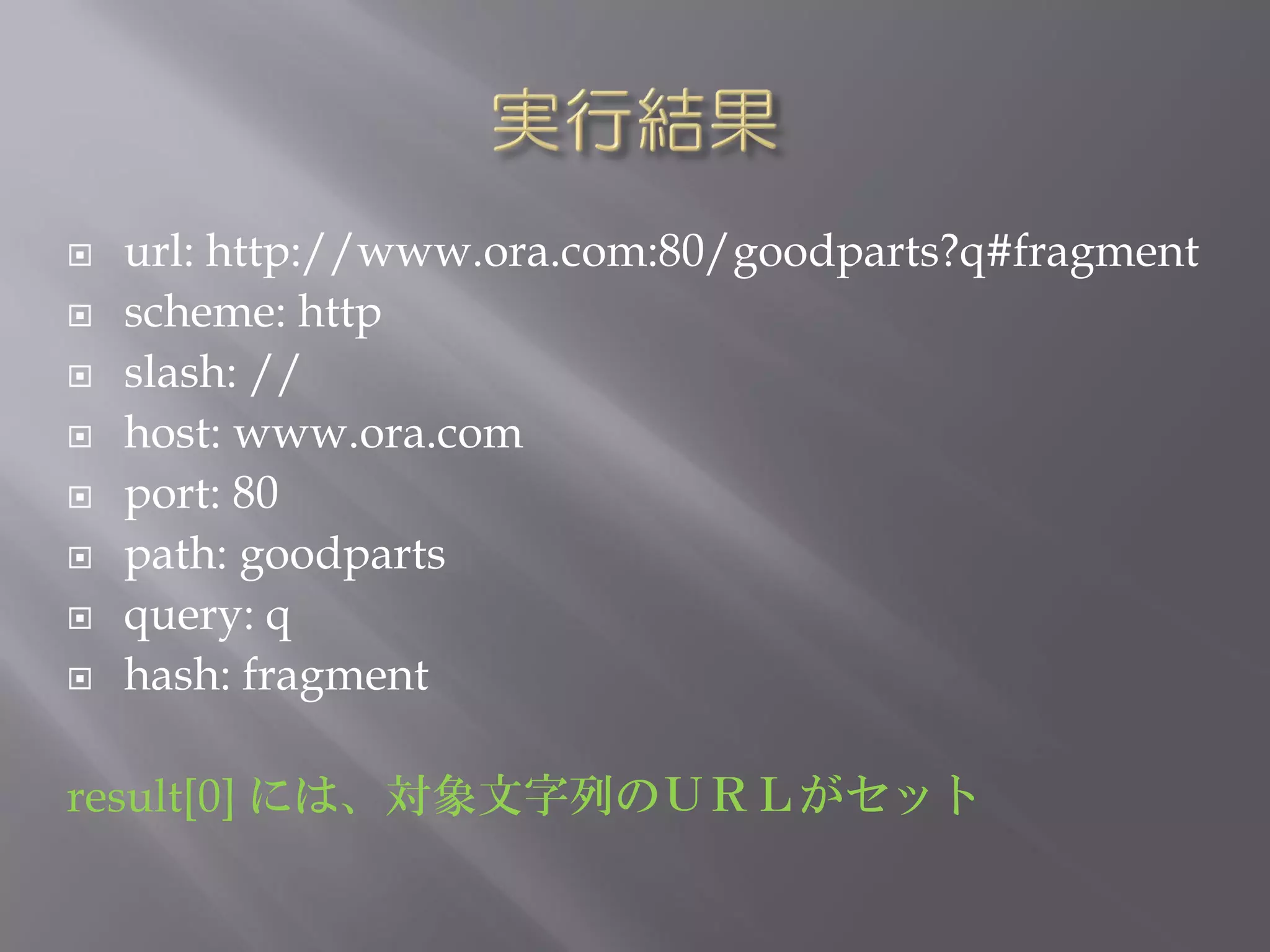    url: http://www.ora.com:80/goodparts?q#fragment
   scheme: http
   slash: //
   host: www.ora.com
   port: 80
   path: goodparts
   query: q
   hash: fragment

result[0] には、対象文字列のＵＲＬがセット
 