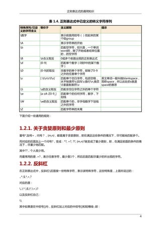 正则表达式的通用知识

表 1.4. 正则表达式中已定义的转义字符序列
特殊序列/已定 等价于
义的字符含义

含义解释

数字

表示前面用括号（）括起来的某
个组group

A

表示字符串的开始

b

提示

匹配空字符，但只是，一个单词
word的，除了开始或者结束位置
的，的空字符

B

b含义取反

0或多个前面出现的正则表达式

d

[0-9]

匹配单个数字（0到9中的某个数
字）

D

[0-9]的取反

非数字的单个字符，即除了0-9
之外的任意单个字符

s

[ tnrfv]

匹配单个空白字符，包括空格， 英文单词一般叫做blankspace，
水平制表符t,回车r,换行n,换页 简称space，所以此处的s就是
f,垂直制表符v
space的意思

S

s的含义取反

匹配非空白字符之外的单个字符

w

[a-zA-Z0-9_]

匹配单个的任何字符，数字，下
划线

W

w的含义取反

匹配单个的，非字母数字下划线
之外的字符

Z

匹配字符串的末尾

下面介绍一些通用的规则：

1.2.1. 关于贪婪原则和最少原则
星号*,加号+，问号？，{m,n}，都是属于贪婪原则，即在满足这些条件的情况下，尽可能地匹配多个。
而对应的后面加上一个问号?，变成：*?, +?, ??, {m,n}?就变成了最少原则，即，在满足前面的条件的情
况下，尽量少地匹配。
其中??，个人很少用。
而最常用的是 .+?，表示任意字符，最少是1个，然后后面匹配尽量少的所出现的字符。

1.2.2. 反斜杠
在正则表达式中，反斜杠后面接一些特殊字符，表示该特殊字符，这些特殊是，上面所说过的：
.,^,$,*,+,?
对应的是：
.,^,$,*,+,?
以及反斜杠自己：

其中如果是在中括号[]内，反斜杠加上对应的中括号[]和短横线-,即：
4

 