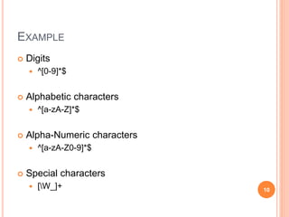 EXAMPLE
 Digits
 ^[0-9]*$
 Alphabetic characters
 ^[a-zA-Z]*$
 Alpha-Numeric characters
 ^[a-zA-Z0-9]*$
 Special characters
 [W_]+ 10
 