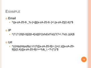 EXAMPLE
 Email
 ^([a-zA-Z0-9._%-]+@[a-zA-Z0-9.-]+.[a-zA-Z]{2,4})*$
 IP
 ^(?:(?:25[0-5]|2[0-4]d|[01]dd|d?d)(?(?=.?d).)){4}$
 Url
 ^(((http|https|ftp)://)?([[a-zA-Z0-9]-.])+(.)([[a-zA-Z0-
9]]){2,4}([[a-zA-Z0-9]/+=%&_.~?-]*))*$
12
 