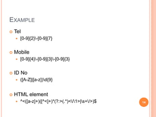 EXAMPLE
 Tel
 [0-9]{2}-[0-9]{7}
 Mobile
 [0-9]{4}-[0-9]{3}-[0-9]{3}
 ID No
 ([A-Z]|[a-z])d{9}
 HTML element
 ^<([a-z]+)([^<]+)*(?:>(.*)</1>|s+/>)$ 14
 