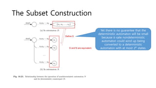 The Subset Construction
Yet there is no guarantee that the
deterministic automaton will be small
because 𝑘-sate nondeterministic
automaton could wind up being
converted to a deterministic
automaton with at most 2 𝑘
states.
 