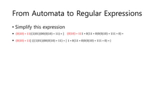 From Automata to Regular Expressions
• Simplify this expression
•
•
0 10 ∗ 11 1 01 00 0 10 ∗ 11 ∗ | 0 10 ∗ 111 ∗ 0 11 ∗ 0 0 0|10 ∗ 111 ∗ 0 ∗
0 10 ∗ 11| ( 1 01 00 0 10 ∗ 11 ∗ | 1 ∗ 0 11 ∗ 0 0 0|10 ∗ 111 ∗ 0 ∗ )
 