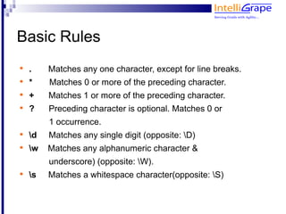 Basic Rules

    .    Matches any one character, except for line breaks.

    *    Matches 0 or more of the preceding character.

    +    Matches 1 or more of the preceding character.

    ?    Preceding character is optional. Matches 0 or
         1 occurrence.

    d   Matches any single digit (opposite: D)

    w   Matches any alphanumeric character &
         underscore) (opposite: W).

    s   Matches a whitespace character(opposite: S)
 