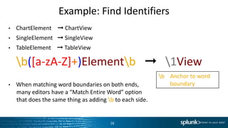 Example:	
  Find	
  IdenLﬁers	
  
•  ChartElement	
  	
  	
  	
  ➞	
  ChartView	
  	
  
•  SingleElement	
  	
  	
  ➞	
  SingleView	
  
•  TableElement	
  	
  	
  	
  ➞	
  TableView	
  
•  b([a-­‐zA-­‐Z]+)Elementb	
  	
  	
  ➞	
  	
  	
  1View	
  
•  When	
  matching	
  word	
  boundaries	
  on	
  both	
  ends,	
  
	
  	
  many	
  editors	
  have	
  a	
  “Match	
  EnLre	
  Word”	
  opLon	
  
	
  	
  that	
  does	
  the	
  same	
  thing	
  as	
  adding	
  b	
  to	
  each	
  side.	
  
16	
  
b	
  	
  	
  	
  Anchor	
  to	
  word	
  	
  
	
  	
  	
  	
  	
  	
  	
  	
  boundary	
  
 