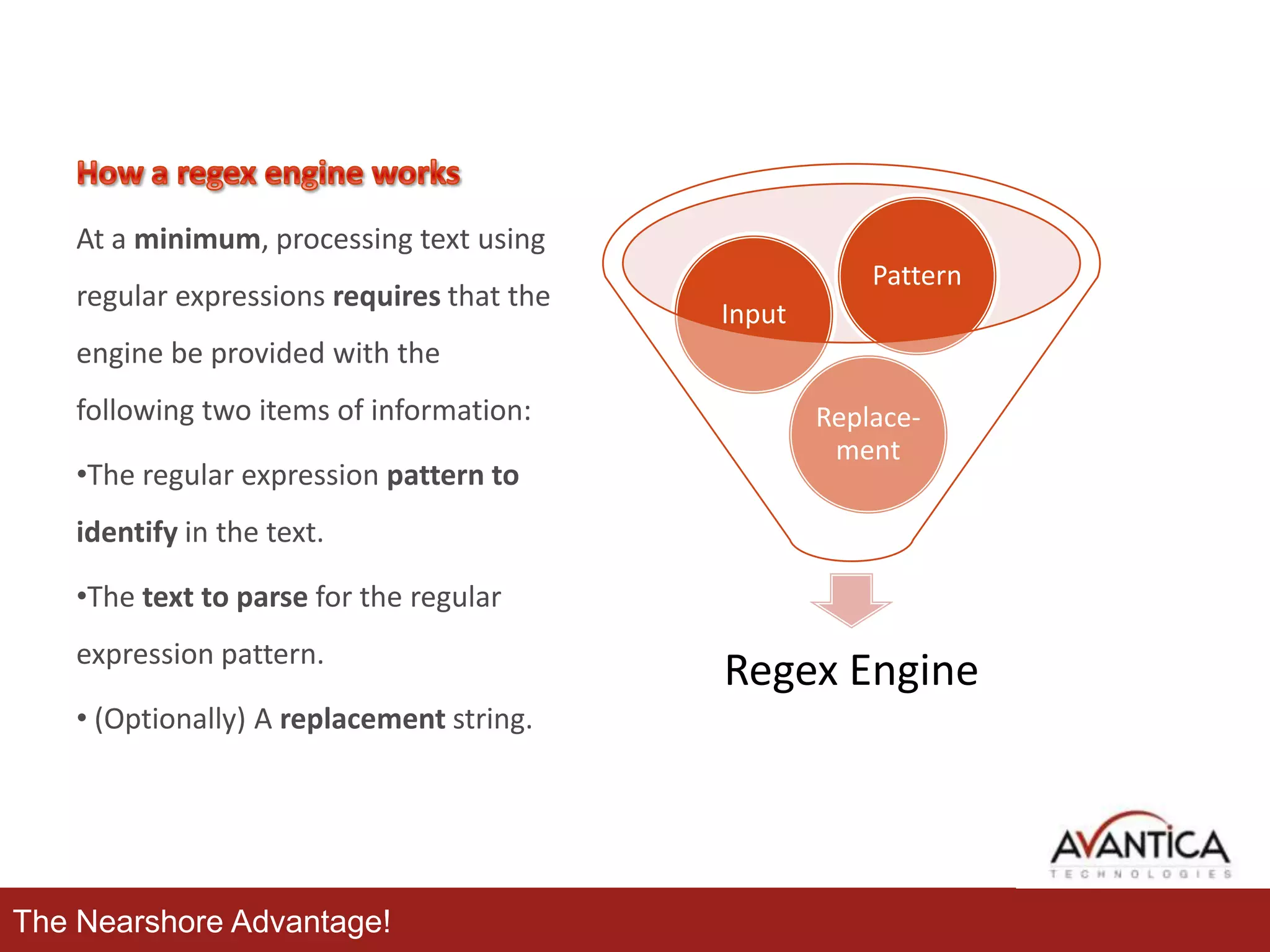 At a minimum, processing text using
regular expressions requires that the

Pattern
Input

engine be provided with the
following two items of information:

•The regular expression pattern to

Replacement

identify in the text.
•The text to parse for the regular
expression pattern.
• (Optionally) A replacement string.

The Nearshore Advantage!

Regex Engine

 