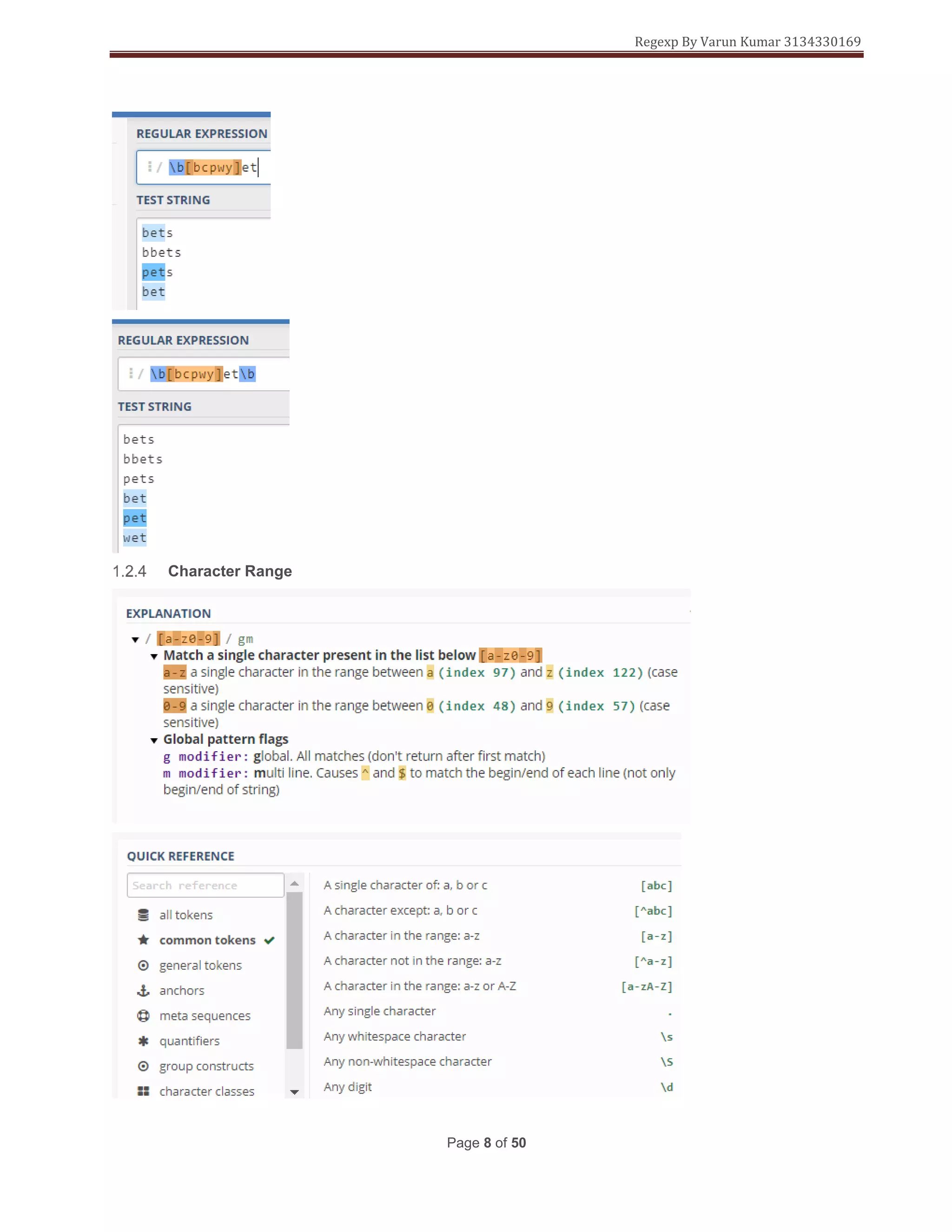 Regexp By Varun Kumar 3134330169
Page 8 of 50
Character Range
 