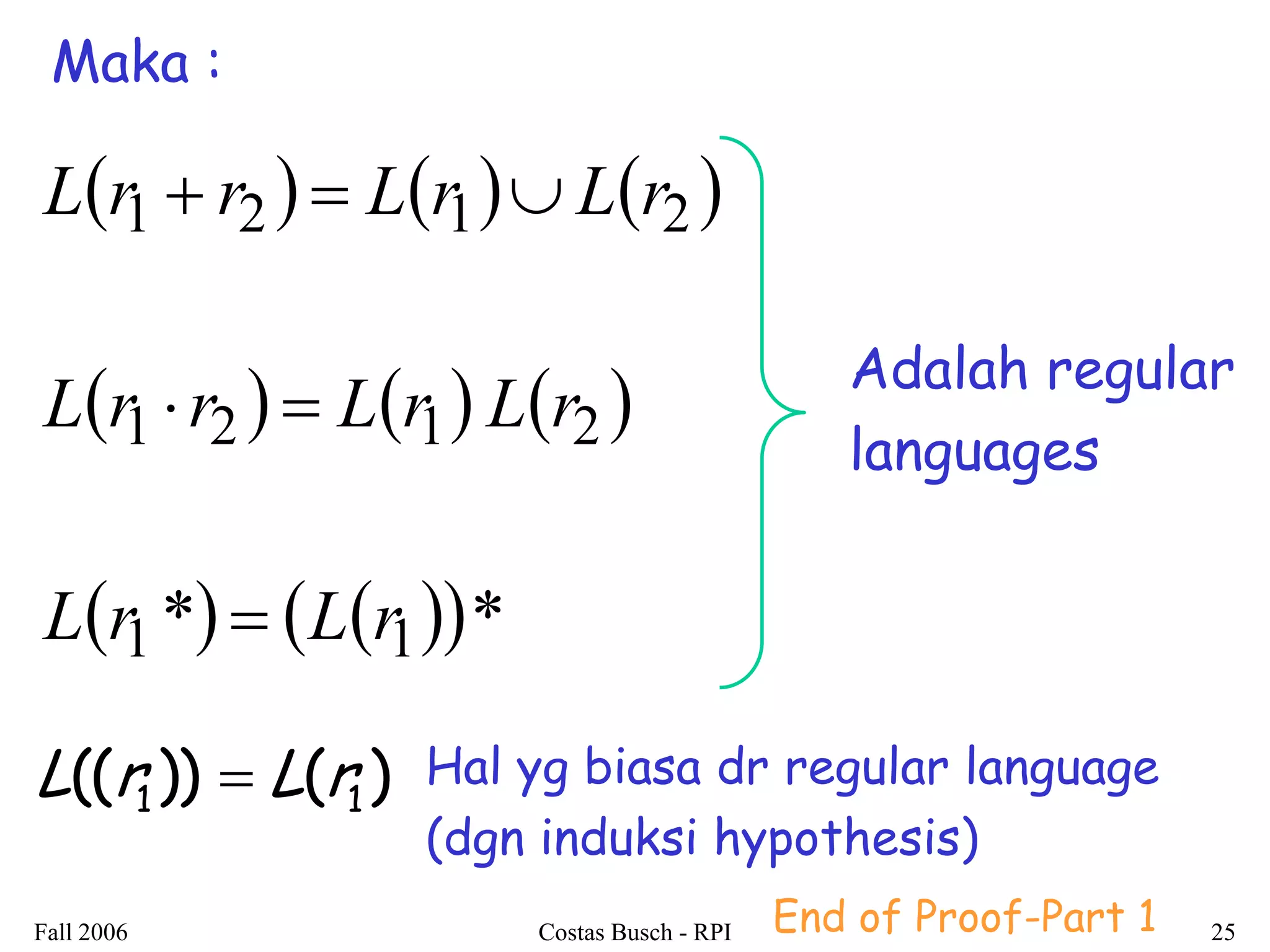 Fall 2006 Costas Busch - RPI 25 
Maka : 
      
      
 1 *   1* 
1 2 1 2 
1 2 1 2 
L r L r 
L r r L r L r 
L r r L r L r 
 
  
   
Adalah regular 
languages 
(( )) ( ) 1 1 L r L r Hal yg biasa dr regular language 
(dgn induksi hypothesis) 
End of Proof-Part 1 
 