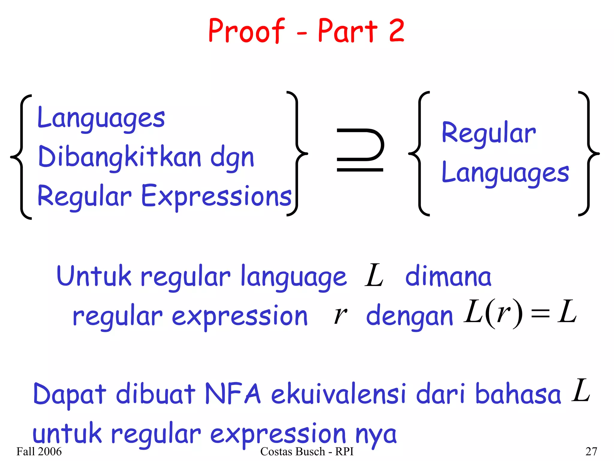 Fall 2006 Costas Busch - RPI 27 
Untuk regular language dimana 
regular expression dengan 
Proof - Part 2 
Languages 
Dibangkitkan dgn 
Regular Expressions 
Regular 
Languages  
L 
r L(r)  L 
Dapat dibuat NFA ekuivalensi dari bahasa 
untuk regular expression nya 
L 
 