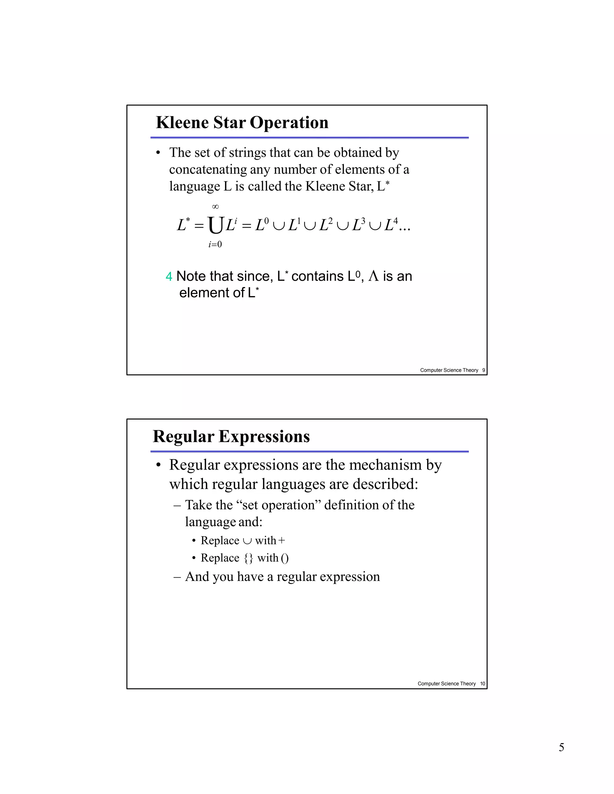 Kleene Star Operation
• The set of strings that can be obtained by
concatenating any number of elements of a
language L is called the Kleene Star, L*

L*
 ULi
 L0
 L1
 L2
 L3
 L4
...
i0
4 Note that since, L* contains L0,  is an
element of L*
Computer Science Theory 9
Regular Expressions
• Regular expressions are the mechanism by
which regular languages are described:
– Take the “set operation” definition of the
language and:
• Replace  with +
• Replace {} with ()
– And you have a regular expression
Computer Science Theory 10
5
 