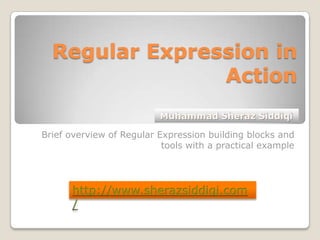 Regular Expression in Action Brief overview of Regular Expression building blocks and tools with a practical example Muhammad Sheraz Siddiqi http://www.sherazsiddiqi.com/ 