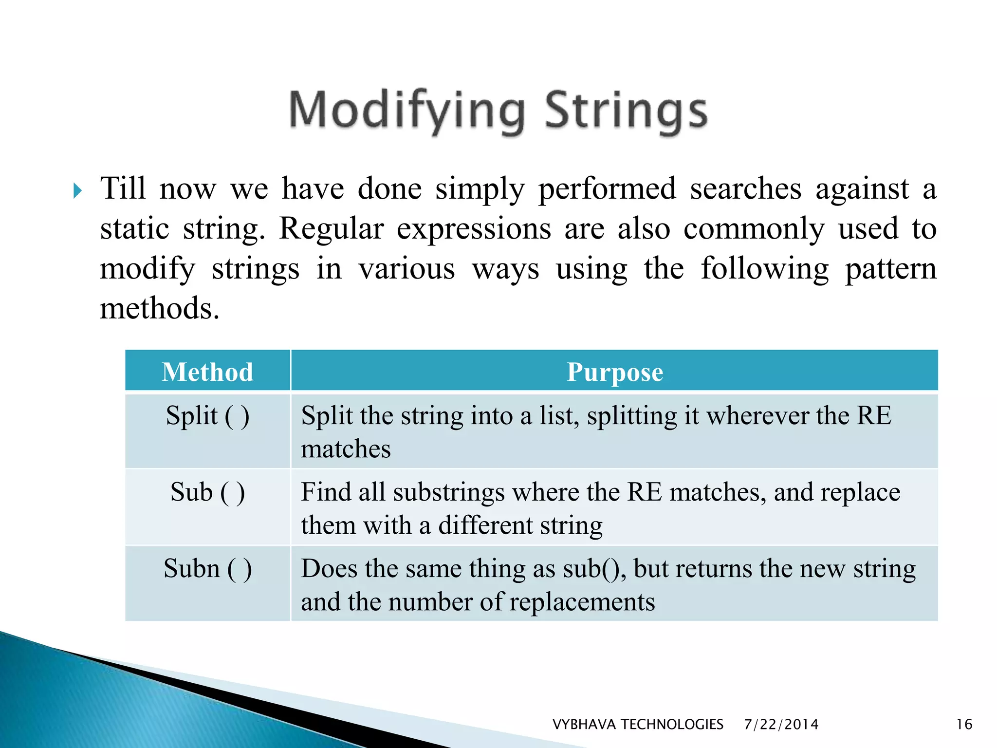  Till now we have done simply performed searches against a
static string. Regular expressions are also commonly used to
modify strings in various ways using the following pattern
methods.
7/22/2014VYBHAVA TECHNOLOGIES 16
Method Purpose
Split ( ) Split the string into a list, splitting it wherever the RE
matches
Sub ( ) Find all substrings where the RE matches, and replace
them with a different string
Subn ( ) Does the same thing as sub(), but returns the new string
and the number of replacements
 