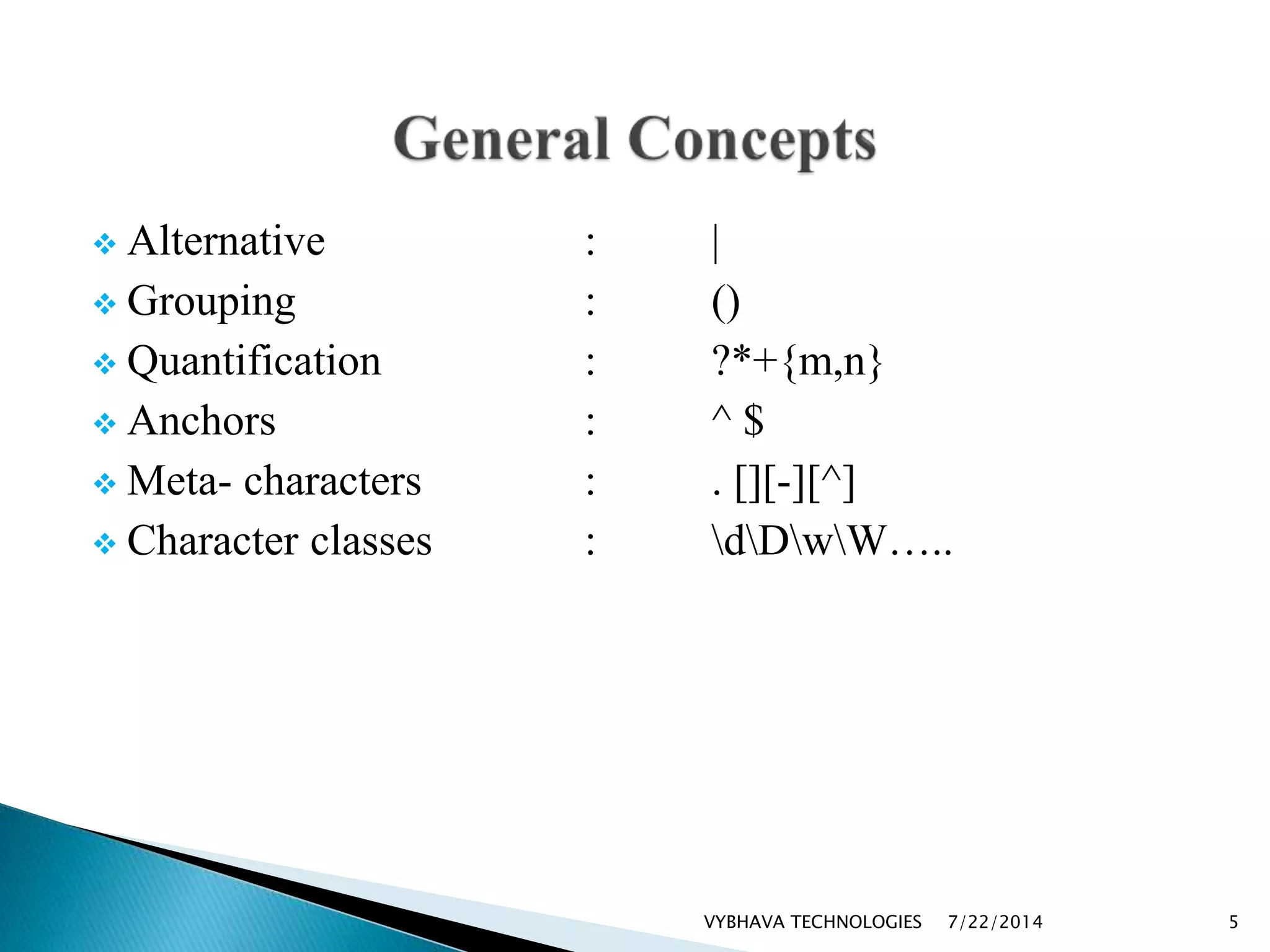  Alternative : |
 Grouping : ()
 Quantification : ?*+{m,n}
 Anchors : ^ $
 Meta- characters : . [][-][^]
 Character classes : dDwW…..
7/22/2014VYBHAVA TECHNOLOGIES 5
 