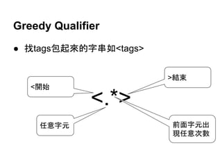 ● 找tags包起來的字串如<tags>
<.*>
Greedy Qualifier
>結束
<開始
任意字元 前面字元出
現任意次數
 