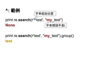 ^: 範例
print re.search(r'^test', "my_test")
None
print re.search(r'test', "my_test").group()
test
字串起始位置
字串開頭不是t
 