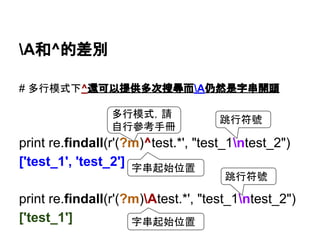 A和^的差別
# 多行模式下^還可以提供多次搜尋而A仍然是字串開頭
print re.findall(r'(?m)^test.*', "test_1ntest_2")
['test_1', 'test_2']
print re.findall(r'(?m)Atest.*', "test_1ntest_2")
['test_1']
字串起始位置
字串起始位置
跳行符號
跳行符號
多行模式，請
自行參考手冊
 