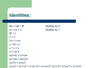 Identities:
Øu = uØ = Ø Multiply by 0
εu = uε = u Multiply by 1
Ø* = ε
ε* = ε
u+v = v+u
u + Ø = u
u + u = u
u* = (u*)*
u(v+w) = uv+uw
(u+v)w = uw+vw
(uv)*u = u(vu)*
(u+v)* = (u*+v)* = u*(u+v)*= (u+vu*)*= (u*v*)*= u*(vu*)*= (u*v)*u*
 