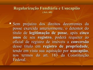 Regularização Fundiária e Usucapião
                    (Art. 60)



   Sem prejuízo dos direitos decorrentes da
    poss...