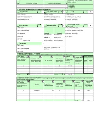 x
5.-
PUBLICA
41
44
47
TELEFONIA
1. RED PUBLICA
2. SIST.PRIVADO COLECTIVO
3. SISTEMA INDIVIDUAL
1.RED AEREA
2. RED SUBTERRANEA
3. GENERADOR
4. NO TIENE
5. OTROS
ESPECIFICAR
3
Codigo Según
ACOGIDOS ALEYES
ALCANTARILLADO
6.- DESTINO, CLASIFICACION Y CATEGORIA
6.1 RESUMEN DE LAS UNIDADES A CONSTRUIR OCONSTRUIDAS(resumende dominio exclusivo del proyecto)
1
EVACUACION AGUAS
LLUVIAS
1. RED AEREA
2. RED SUBTERRANEA
3.NO TIENE
ELECTRICIDAD
1. RED PUBLICA
2. SIST.PRIVADO COLECTIVO
3. SISTEMA INDIVIDUAL
1. RED PUBLICA
2. SIST.PRIVADO COLECTIVO
3. SISTEMA INDIVIDUAL
1. HORMIGON
2.ASFALTO
3. ARTICULADO
PRIVADA
1PAVIMENTACION
46
7. NO TIENE PAVIMENTACION
8. OTROS
43
1
DOTACION DE LA INFRAESTRUCTURA DE URBANIZACION
1 GAS 3AGUA POTABLE
CODIGO (USO INTERNO)
1. AISLADO
2. PAREADO
3.CONTINUO
4039
SISTEMA DE AGRUPAMIENTO (MARCA CON X)
(SOLO CASAS)
4
4.-HORMIGON
5.-ASFALTO
6.-ARTICULADO
uso de oficina ine
1. COLECTOR PUBLICO
2. SISTEMA PRIVADO COLECTIVO
3.DRENAJE INDIVIDUAL
4. NO TIENE
Superficie
C tid d d
48 49 50 51 52 53
45
42
5
TOTAL 55
101 N/A
TOTAL
CVIVIENDA
1
g g
tipo y cantidad de los
locales habitables
(ver intrucciones)
5 2
2 134.12
3
Clasificacion
de la estructura
(según minvu)
Categoria
predominante
Cantidad de unidades
de dominio exclusivo
(casas, oficinas,etc)
N° DE PISOS
Clasificacion
de la estructura
(según minvu)
Destino
codigo
destino
C
codigo
ley
134.12
p
(m2)
(a construir sin
espacios
comunes)
Cantidad de
locales
habitables por
unidad(solo
vivienda)
1
5
TOTAL
6.2.- DESTINO, CLASFICACION Y CATEGORIA :ordenar, según campo 48, separandolos codigos de la clasificacion de la estructura según materialidad
(ver intrucciones) condicion especial
Codigo según
tipo y cantidad
de locales habitables
(conservar orden de
campo 48)
Codigo destino
(ver instrucciones)
Condicion
especial
(ver
instrucciones)
134.12
Superficie
según
Clasificacion m2
(con espacios
comunes)
134.12
49 51 52 53
54
56 57 58 59 60 61 62
63
 