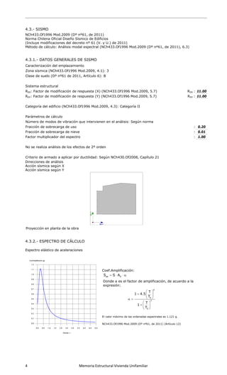  
4 
 
4.3.-
NCh4
Norm
(Inclu
Méto
4.3.1
Cara
Zona
Clase
Siste
R0X:
R0Y:
Categ
Parám
Núm
Fracc
Fracc
Facto
No se
Crite
Direc
Acció
Acció
Proy
4.3.2
Espe
- SISMO
433.Of199
ma Chilena
uye modif
do de cálc
1.- DATO
cterización
a sísmica (
e de suelo
ema estruc
Factor de
Factor de
goría del e
metros de
ero de mo
ción de sob
ción de sob
or multiplic
e realiza a
rio de arm
cciones de
ón sísmica
ón sísmica
ección en
2.- ESPEC
ctro elásti
       
6 Mod.200
Oficial Dis
icaciones d
culo: Anális
S GENER
n del empl
NCh433.O
(Dº nº61
ctural
modificaci
modificaci
edificio (NC
cálculo
odos de vib
brecarga d
brecarga d
cador del e
nálisis de
mado a apl
análisis
según X
según Y
planta de
CTRO DE
co de acel
             Me
09 (Dº nº6
seño Sísm
del decreto
sis modal
RALES DE
azamiento
Of1996 Mod
de 2011,
ión de resp
ón de resp
Ch433.Of1
bración qu
de uso
de nieve
espectro
los efectos
icar por du
la obra
CÁLCULO
eraciones
emoria Est
61, de 201
ico de Edif
o nº 61 (V
espectral
SISMO
o
d.2009, 4.
Artículo 6)
puesta (X)
puesta (Y)
1996 Mod.2
e intervien
s de 2º or
uctilidad: S
O
tructural V
11)
ficios
V. y U.) de
(NCh433.O
.1): 3
): B
) (NCh433
(NCh433.
2009, 4.3)
nen en el a
den
Según NCh
Coef.Am
Donde a
expresió
El valor má
NCh433.Of
aeS S 
ivienda Un
2011)
Of1996 Mo
.Of1996 M
.Of1996 M
): Categor
análisis: S
h430.Of20
plificación
a es el fact
ón:
áximo de las o
1996 Mod.20
0A  
 
nifamiliar
od.2009 (D
Mod.2009,
od.2009,
ía II
egún norm
008, Capítu
:
tor de amp
ordenadas es
009 (Dº nº61,
0
T
1 4.5
T
T
1
T

 

 
 
 
Dº nº61, d
5.7)
5.7)
ma
ulo 21
plificación,
spectrales es
, de 2011) (A
p
0
3
T
T






e 2011), 6
de acuerd
1.121 g.
Artículo 12)
6.3)
R0X : 11
R0Y : 11
: 0
: 0
: 1
do a la
 
1.00
1.00
0.20
0.01
.00
 