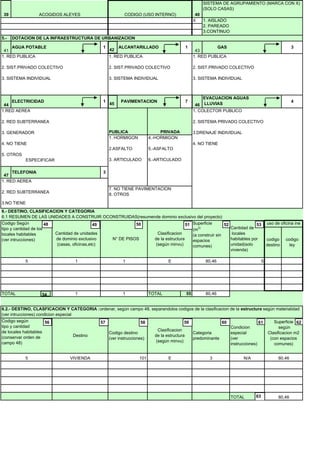 X
5.-
PUBLICA
4
4.-HORMIGON
5.-ASFALTO
6.-ARTICULADO
1. COLECTOR PUBLICO
2. SISTEMA PRIVADO COLECTIVO
3.DRENAJE INDIVIDUAL
4. NO TIENE
CODIGO (USO INTERNO)
1. AISLADO
2. PAREADO
3.CONTINUO
4039
SISTEMA DE AGRUPAMIENTO (MARCA CON X)
(SOLO CASAS)
43
1
DOTACION DE LA INFRAESTRUCTURA DE URBANIZACION
1 GAS 3AGUA POTABLE
1. RED PUBLICA
2. SIST.PRIVADO COLECTIVO
3. SISTEMA INDIVIDUAL
1. RED PUBLICA
2. SIST.PRIVADO COLECTIVO
3. SISTEMA INDIVIDUAL
1. HORMIGON
2.ASFALTO
3. ARTICULADO
PRIVADA
7PAVIMENTACION
46
7. NO TIENE PAVIMENTACION
8. OTROS
ELECTRICIDAD
ACOGIDOS ALEYES
ALCANTARILLADO
1
EVACUACION AGUAS
LLUVIAS
1. RED AEREA
2. RED SUBTERRANEA
3.NO TIENE
41
44
47
TELEFONIA
1. RED PUBLICA
2. SIST.PRIVADO COLECTIVO
3. SISTEMA INDIVIDUAL
1.RED AEREA
2. RED SUBTERRANEA
3. GENERADOR
4. NO TIENE
5. OTROS
ESPECIFICAR
3
45
42
5
TOTAL 55
101 N/A
TOTAL
Condicion
especial
(ver
instrucciones)
80,46
Superficie
según
Clasificacion m2
(con espacios
comunes)
80,465
TOTAL
6.2.- DESTINO, CLASFICACION Y CATEGORIA :ordenar, según campo 48, separandolos codigos de la clasificacion de la estructura según materialidad
(ver intrucciones) condicion especial
Codigo según
tipo y cantidad
de locales habitables
(conservar orden de
campo 48)
Codigo destino
(ver instrucciones)
Superficie
(m2)
(a construir sin
espacios
comunes)
Cantidad de
locales
habitables por
unidad(solo
vivienda)
1
E
uso de oficina ine
codigo
ley
80,46
codigo
destino
Destino
Cantidad de unidades
de dominio exclusivo
(casas, oficinas,etc)
N° DE PISOS
Clasificacion
de la estructura
(según minvu)
6.- DESTINO, CLASIFICACION Y CATEGORIA
6.1 RESUMEN DE LAS UNIDADES A CONSTRUIR OCONSTRUIDAS(resumende dominio exclusivo del proyecto)
3.NO TIENE
80,46
3
Clasificacion
de la estructura
(según minvu)
Categoria
predominante
1
Codigo Según
tipo y cantidad de los
locales habitables
(ver intrucciones)
5 1
1
EVIVIENDA
48 49 50 51 52 53
54
56 57 58 59 60 61 62
63
 