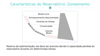 Reserva
de
Sedimentos
Volume
Morto
Conservação
Controle de Cheias
Armazenamento descontrolado
Borda Livre
Reserva de sedimentação: ela deve ser prevista devido à capacidade perdida do
reservatório durante um determinado tempo.
 