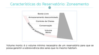 Reserva
de
Sedimentos
Volume
Morto
Conservação
Controle de Cheias
Armazenamento descontrolado
Borda Livre
Volume morto: é o volume mínimo necessário de um reservatório para que se
possa garantir a sobrevivência dos seres que no mesmo habitam.
 