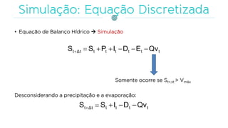 • Equação de Balanço Hídrico  Simulação
ttttttΔtt QvEDIPSS 
Somente ocorre se St+∆t > Vmáx
Desconsiderando a precipitação e a evaporação:
ttttΔtt QvDISS 
 