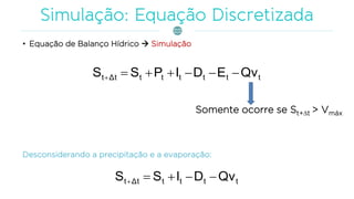 • Equação de Balanço Hídrico  Simulação
ttttttΔtt QvEDIPSS 
ttttΔtt QvDISS 
Desconsiderando a precipitação e a evaporação:
Somente ocorre se St+∆t > Vmáx
 