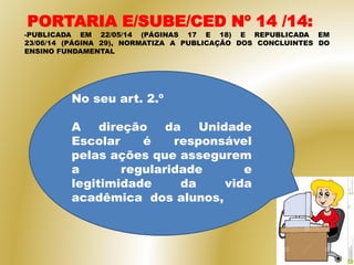 PORTARIA E/SUBE/CED Nº 14 /14:
-PUBLICADA EM 22/05/14 (PÁGINAS 17 E 18) E REPUBLICADA EM
23/06/14 (PÁGINA 29), NORMATIZA A PUBLICAÇÃO DOS CONCLUINTES DO
ENSINO FUNDAMENTAL
No seu art. 2.º
A direção da Unidade
Escolar é responsável
pelas ações que assegurem
a regularidade e
legitimidade da vida
acadêmica dos alunos,
 