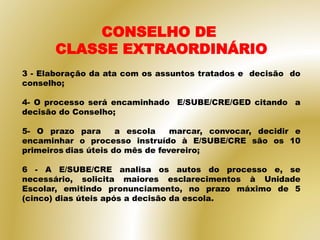 3 - Elaboração da ata com os assuntos tratados e decisão do
conselho;
4- O processo será encaminhado E/SUBE/CRE/GED citando a
decisão do Conselho;
5- O prazo para a escola marcar, convocar, decidir e
encaminhar o processo instruído à E/SUBE/CRE são os 10
primeiros dias úteis do mês de fevereiro;
6 - A E/SUBE/CRE analisa os autos do processo e, se
necessário, solicita maiores esclarecimentos à Unidade
Escolar, emitindo pronunciamento, no prazo máximo de 5
(cinco) dias úteis após a decisão da escola.
CONSELHO DE
CLASSE EXTRAORDINÁRIO
 