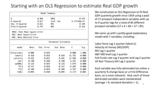 Starting with an OLS Regression to estimate Real GDP growth
12
We constructed an OLS Regression to fit Real
GDP quarterly growth since 1959 using a pool
of 17 prospect independent variables with up
to 4 quarter lags for a total of 85 different
prospect variables (17 x 4 = 68 + 17 = 85).
We came up with a pretty good explanatory
model with 7 variables, including:
Labor force Lag 1 quarter (laborL1)
Velocity of money (M2/GDP)
M2 Lag 1 quarter
S&P 500 level Lag 1 quarter
Fed Funds rate Lag 3 quarter and Lag 2 quarter
10 Year Treasury bill Lag 1 quarter.
Each variable was fully detrended (on either a
quarterly % change basis or a First Difference
basis, as is most relevant). And, each of those
detrended variables were standardized
(average = 0, standard deviation = 1).
 
