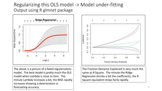 Regularizing this OLS model -> Model under-fitting
Output using R glmnet package
13
The above is a picture of a failed regularization
model. The best model is pretty much the OLS
model when Lambda is close to Zero. The
minute Lambda increases a bit, the MSE rapidly
increases showing a deterioration in
forecasting accuracy.
The Fraction Deviance Explained is very much the
same as R Square. The minute the Ridge
Regression shrinks a bit the coefficients, the R
Square equivalent drops fairly rapidly.
 