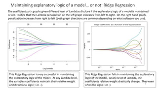 Maintaining explanatory logic of a model… or not: Ridge Regression
7
The coefficient path graphs given different level of Lambdas disclose if the explanatory logic of a model is maintained
or not. Notice that the Lambda penalization on the left graph increases from left to right. On the right hand graph,
penalization increases from right to left (both graph directions are common depending on what software you use).
This Ridge Regression is very successful in maintaining
the explanatory logic of the model. At any Lambda level,
the variables coefficients maintain their relative weight
and directional sign (+ or - ).
This Ridge Regression fails in maintaining the explanatory
logic of the model. At any level of Lambda, the
coefficients relative weight drastically change. They even
often flip sign (+ or -).
 