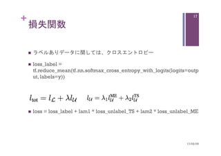 +
損失関数	
n  ラベルありデータに関しては、クロスエントロピー	
n  loss_label =
tf.reduce_mean(tf.nn.softmax_cross_entropy_with_logits(logits=outp
ut, labels=y))
	
n  loss = loss_label + lam1 * loss_unlabel_TS + lam2 * loss_unlabel_ME	
17/02/09	
17
 