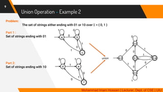 Union Operation – Example 2
9
Problem:
The set of strings either ending with 01 or 10 over Σ = { 0, 1 }
Part 1 :
Set of strings ending with 01
Part 2:
Set of strings ending with 10
Mohammad Imam Hossain | Lecturer, Dept. of CSE | UIU
union
 