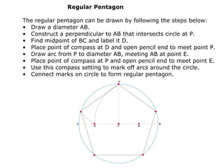 Regular Pentagon
The regular pentagon can be drawn by following the steps below:
• Draw a diameter AB.
• Construct a perpendicular to AB that intersects circle at P.
• Find midpoint of BC and label it D.
• Place point of compass at D and open pencil end to meet point P.
• Draw arc from P to diameter AB, meeting AB at point E.
• Place point of compass at P and open pencil end to meet point E.
• Use this compass setting to mark off arcs around the circle.
• Connect marks on circle to form regular pentagon.
 