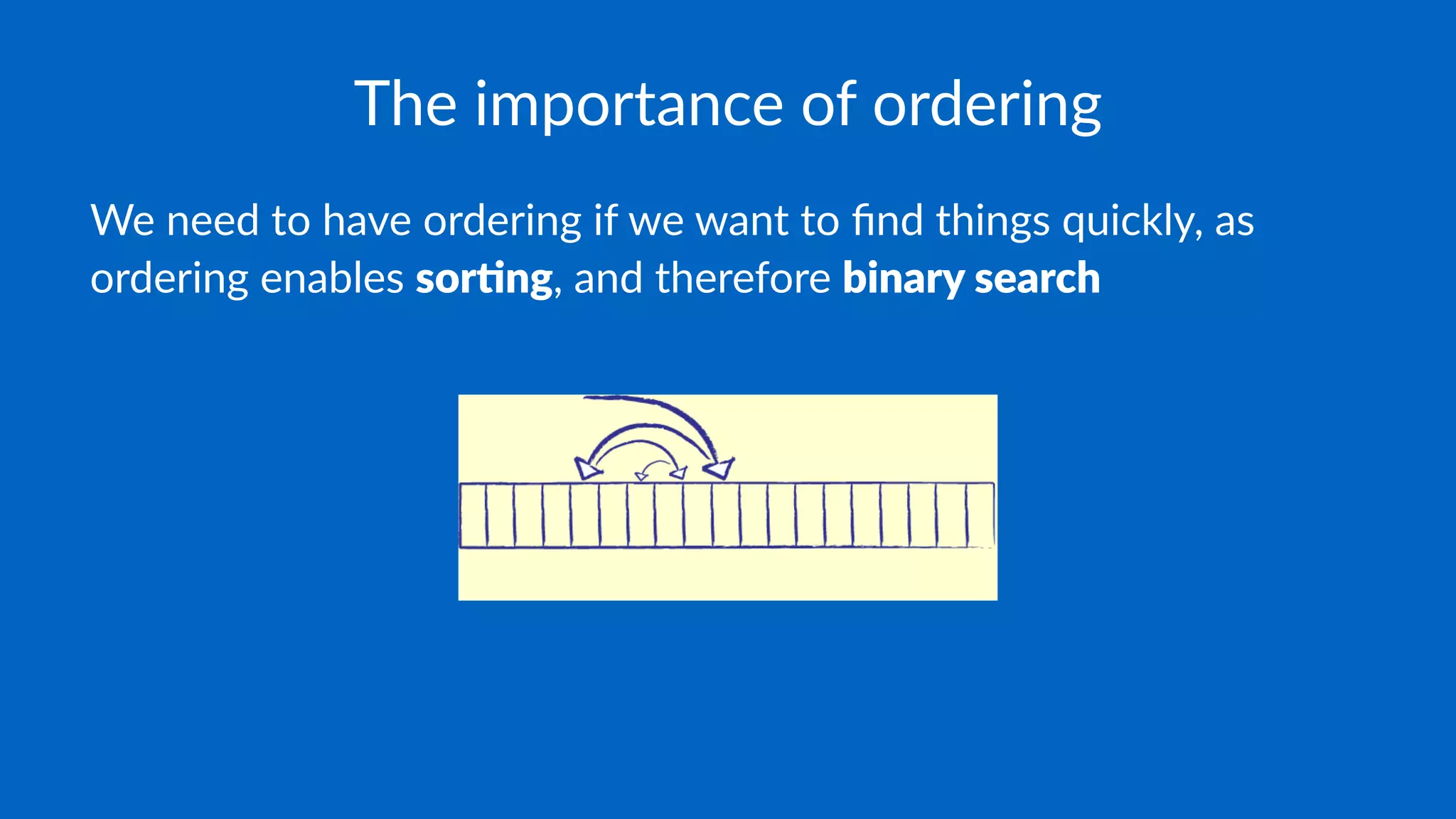 The importance of ordering
We need to have ordering if we want to ﬁnd things quickly, as
ordering enables sor$ng, and therefore binary search
 