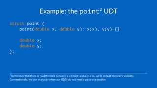 Example: the point2
UDT
struct point {
point(double x, double y): x(x), y(y) {}
double x;
double y;
};
2
Remember that there is no diﬀerence between a struct and a class, up to default members' visibility.
Conven=onally, we use structs when our UDTs do not need a private sec=on
 