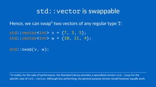 std::vector is swappable
Hence, we can swap3
two vectors of any regular type T:
std::vector<int> v = {7, 3, 5};
std::vector<int> w = {10, 11, 4};
std::swap(v, w);
3
In reality, for the sake of performance, the Standard Library provides a specialized version std::swap for the
speciﬁc case of std::vector. Although less performing, the general purpose version would however equally work
 