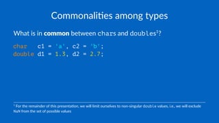 Commonali(es among types
What is in common between chars and doubles1
?
char c1 = 'a', c2 = 'b';
double d1 = 1.3, d2 = 2.7;
1
For the remainder of this presenta1on, we will limit ourselves to non-singular double values, i.e., we will exclude
NaN from the set of possible values
 